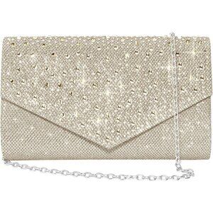 Women Champagne Imported Magnetic Purse Rhinestone Envelope Party Handbag